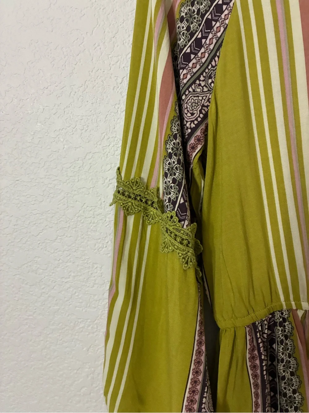 Mystree Boho Peplum Blouse Small Olive Green Striped Lace Trim Rayon Cottagecore
